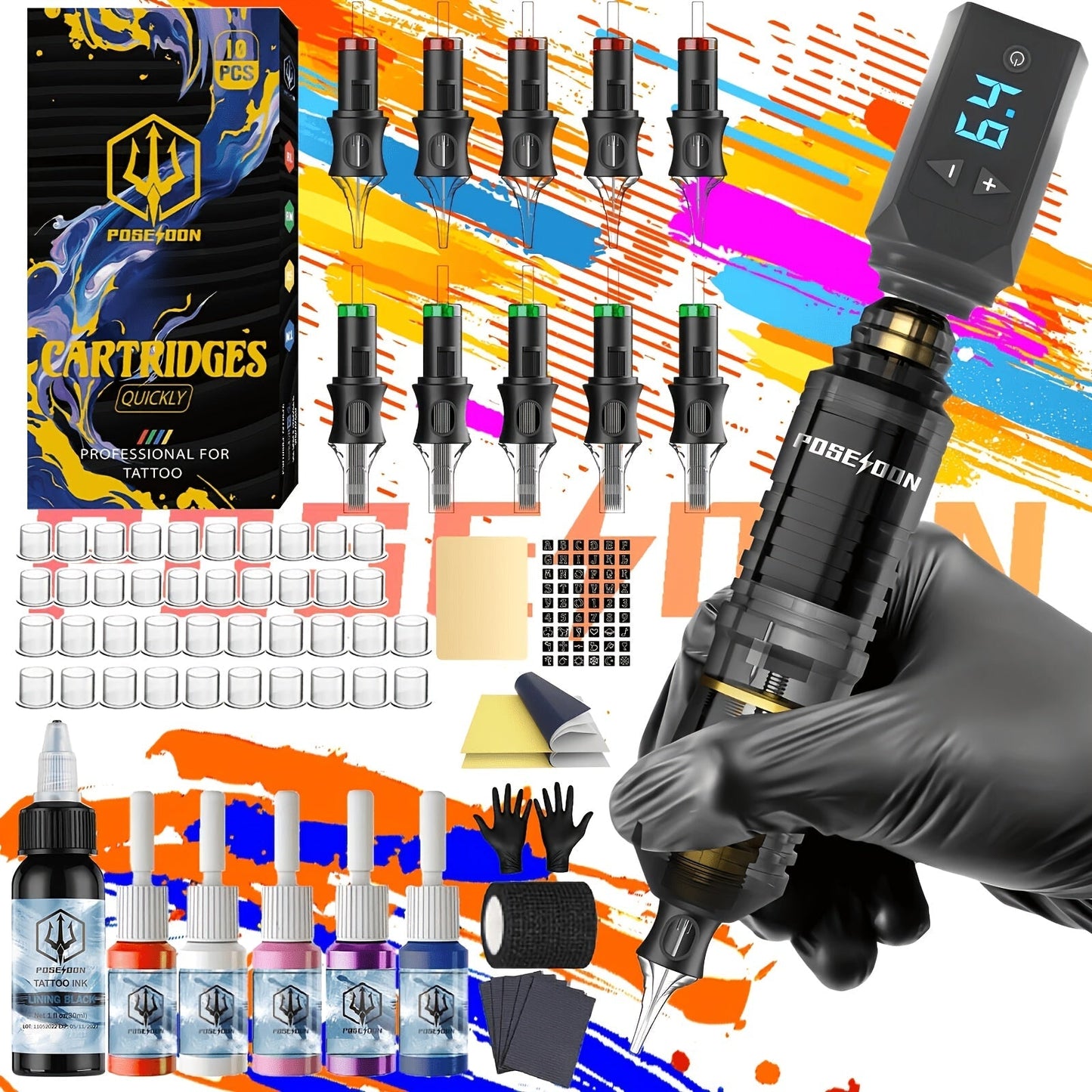 Wireless Tattoo Pen Kit Cordless Tattoo Gun with Power Supply 10 Cartridge Needles 6 Color Inks LCD Screen