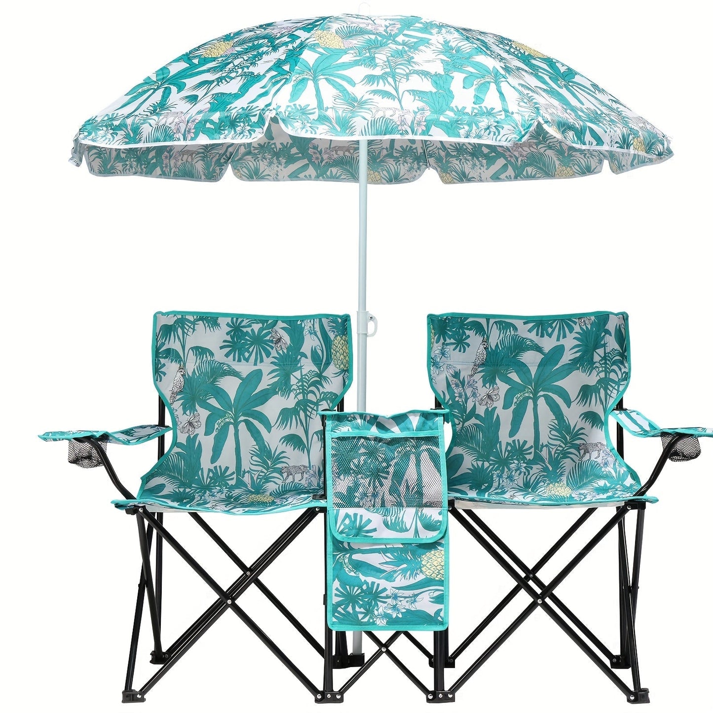 Portable Folding Chair with Removable Sun Umbrella – 2-Seat Outdoor Foldable Chair, Steel Frame Oxford Fabric