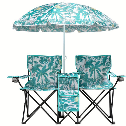 Portable Folding Chair with Removable Sun Umbrella – 2-Seat Outdoor Foldable Chair, Steel Frame Oxford Fabric