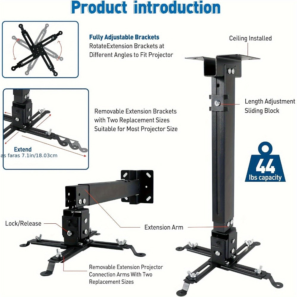 Ceiling Mounted Projector Bracket Adjustable Angle Height & Extendable Arm, Load for an Everyday Personal Care Routine