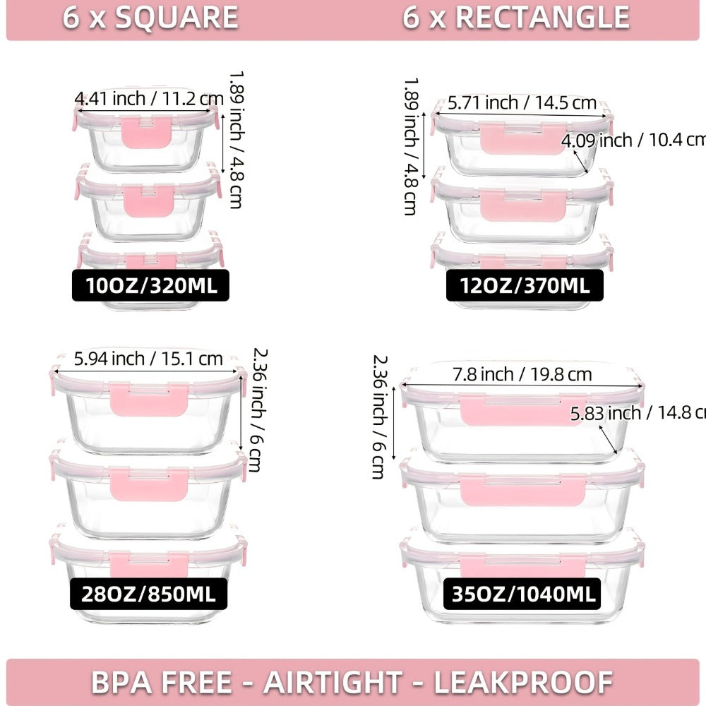 Glass Food Storage Containers with Airtight Lids – Borosilicate Glass Meal Prep Containers Set, Microwave Dishwasher Freezer Safe