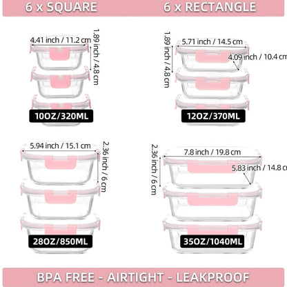 Glass Food Storage Containers with Airtight Lids – Borosilicate Glass Meal Prep Containers Set, Microwave Dishwasher Freezer Safe