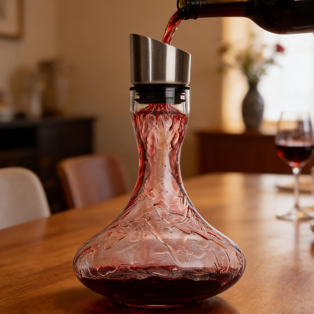 Wine Decanter Hand Blown Crystal Glass 1000ml Aerator Pourer Red Wine Carafe with Stainless Steel Aerator Lead-Free Clear Glass Perfect Gift