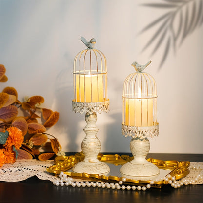 Birdcage Candle Holder Set of Two with Metal Pedestal Bases, Bird Finials, 30cm and 38cm Heights in Black or White
