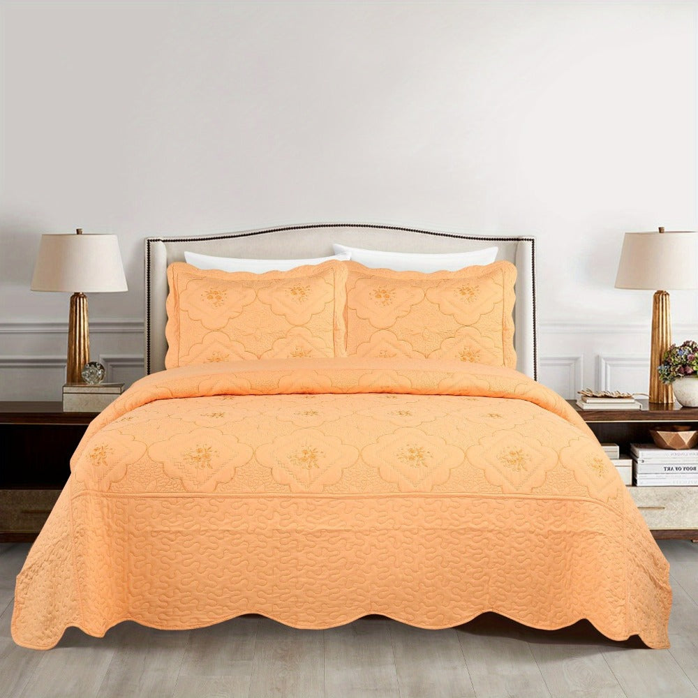 Quilt Set 3 Piece Floral Embroidery Bedspread – 100% Polyester Wrinkle Resistant Lightweight Quilted Coverlet with 2 Pillow Shams for Full