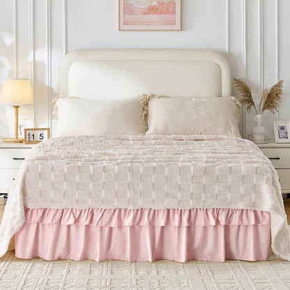 Double Ruffle Bed Skirt 16" Drop, Elastic Wrap Around Dust Ruffle for Twin Full Queen King Bed, Easy Install Linen Poly Blend Bedskirt