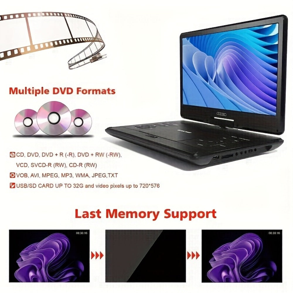 Portable DVD Player 14.1 Inch HD Screen, AV IN/OUT Sync TV & Projector, 270° Rotating Screen, Region Free