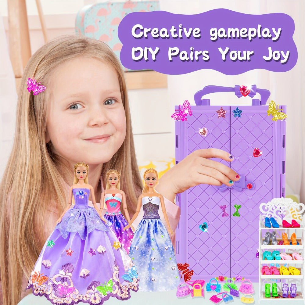 Doll Clothes & Closet Playset 91pcs for 11.5 Inch Fashion Dolls, Wardrobe with Princess Gowns, Dresses