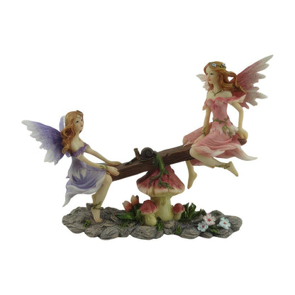 Fairy Figurine Statue Pink Purple Fairy on Seesaw Sculpture Polyresin Home Decor Tabletop Ornament for Garden, Patio and Yard Use