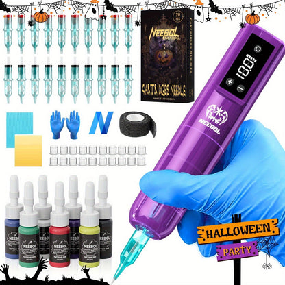 Cordless Tattoo Pen Machine Neebol Wireless Rotary Tattoo Gun with LCD Screen Display for Temporary Body Art, Festivals and Costumes