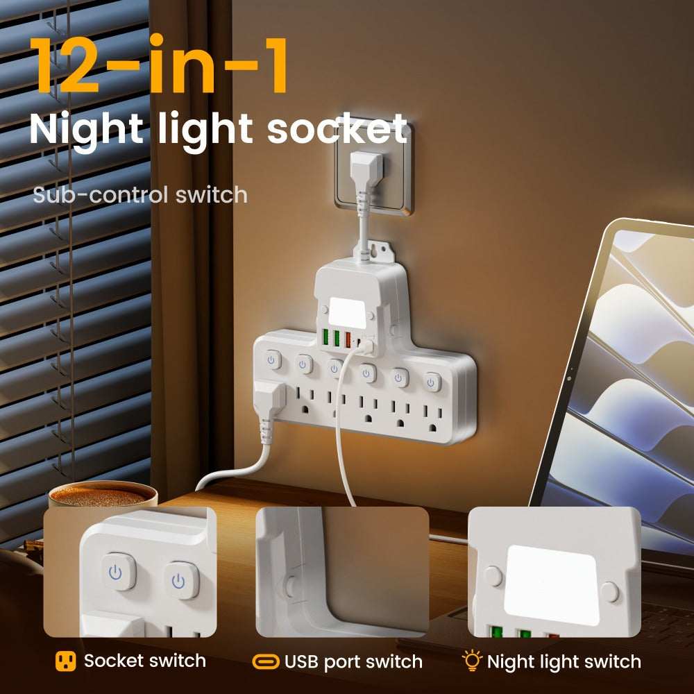 Desktop Power Strip 11-in-1 with 6 AC Outlets 3 USB-A 2 USB-C Ports 6 Individual Switches for an Everyday Personal Care Routine