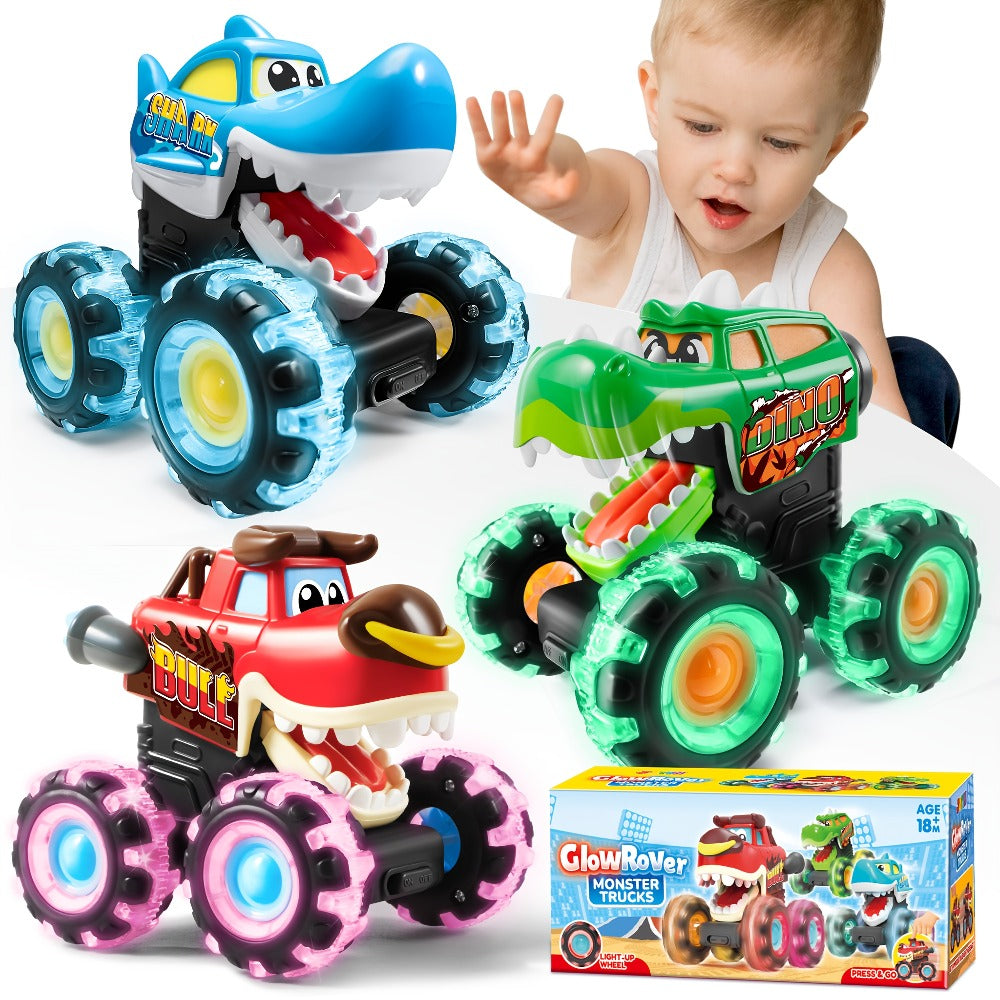 Monster Truck Toys for Toddlers 3-Pack LED Light Up Wheels Press & Go Animal Trucks Shark Bull Dinosaur
