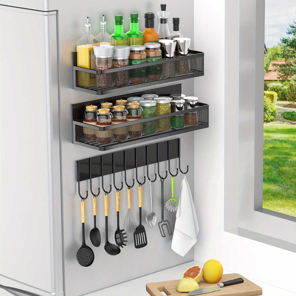 Kitchen Organizer Magnetic Refrigerator Shelf 4-Piece Set with Hooks for Metal Appliance Surfaces