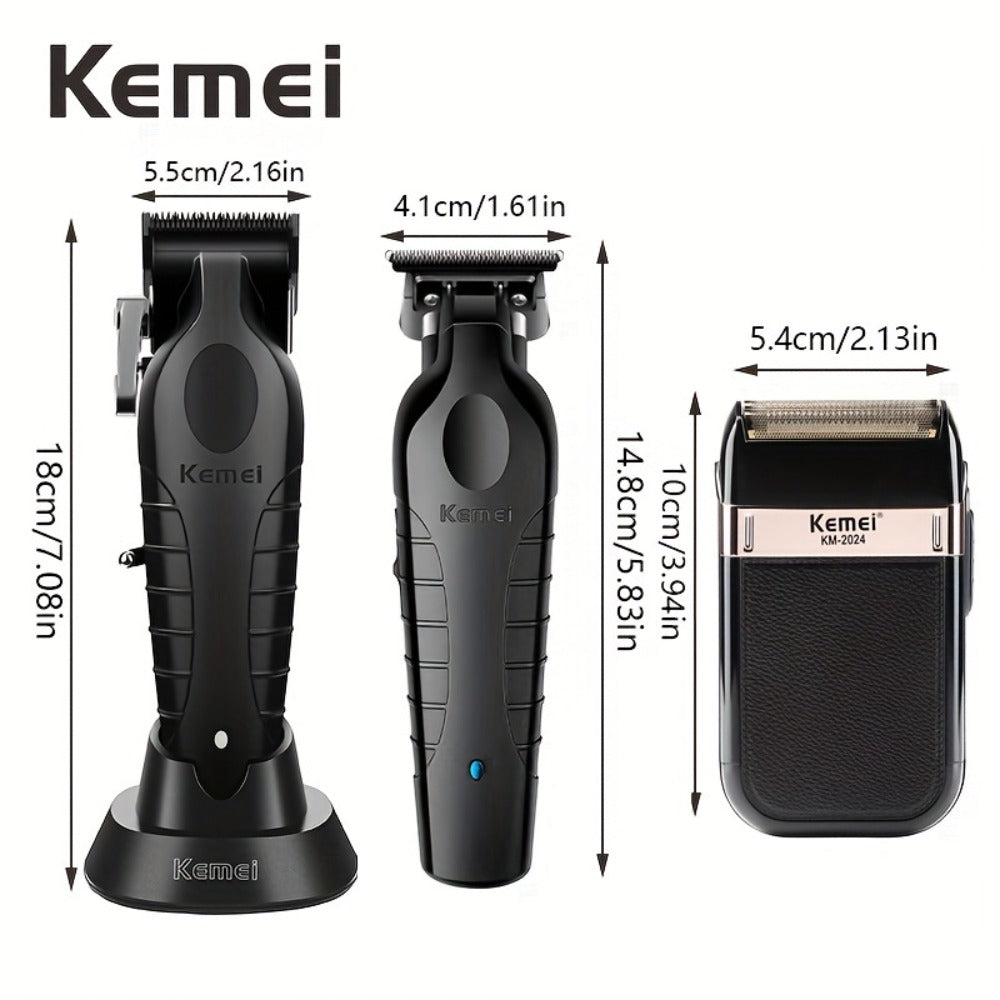 Hair Clippers & Trimmers Kemei Three-Piece Black Set with Full-Size Clipper, Detailer, Foil Shaver and Charging Base