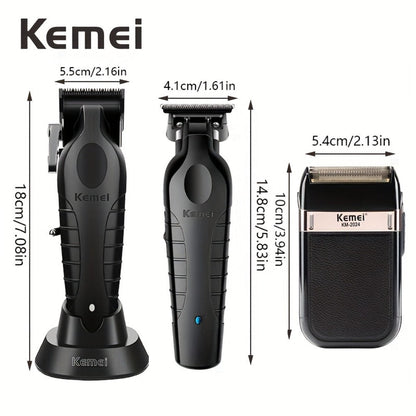 Hair Clippers & Trimmers Kemei Three-Piece Black Set with Full-Size Clipper, Detailer, Foil Shaver and Charging Base