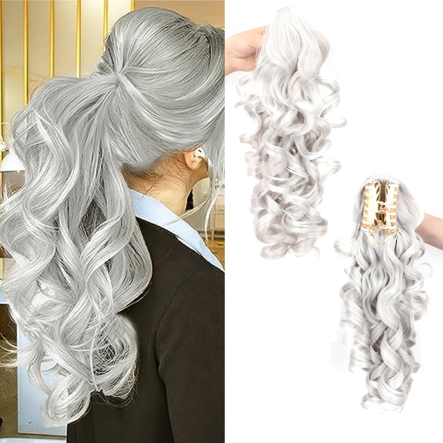 Scroll Curl Claw Clip Ponytail Extension Gradient Color 16 Inch | Synthetic Heat Resistant Hairpiece 5 Colors Linen Brown Golden Grey