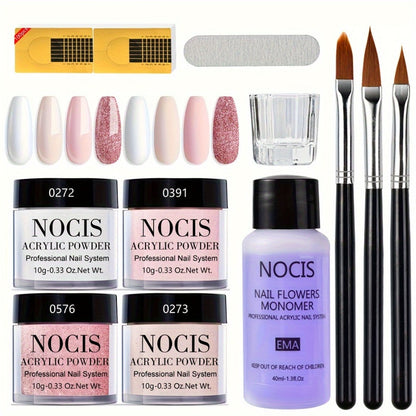 Acrylic Nail Kit NOCIS Four 10g Light Neutral Powders with Liquid Monomer, Three Brushes, File and Mixing Cup