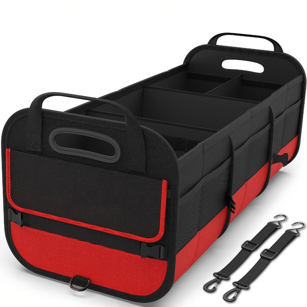 Car Trunk Organizer, 95L Foldable 4-Compartment Bin with Two Retractable Straps and Divider Set