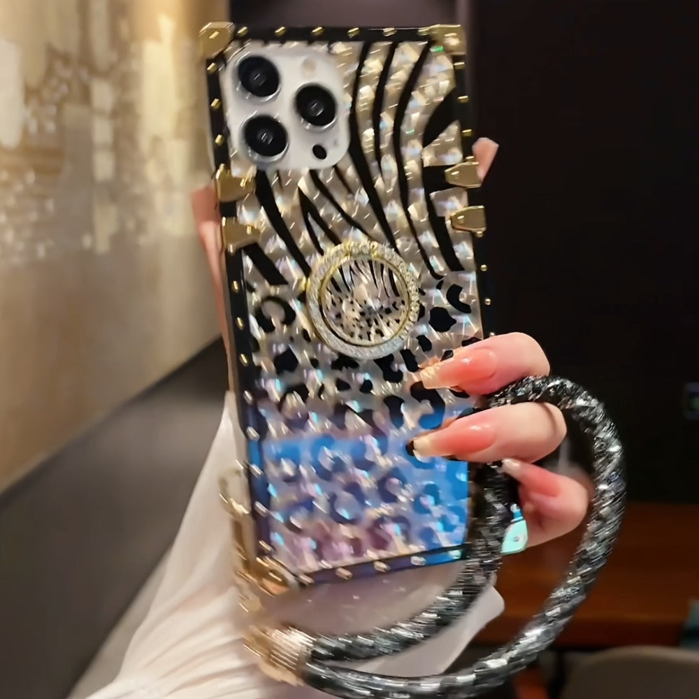 Leopard Print Samsung Galaxy Case Ring Holder Kickstand Anti-Drop Rectangular Cover for Galaxy S25 Ultra Plus S24 Ultra Plus FE S23 Ultra