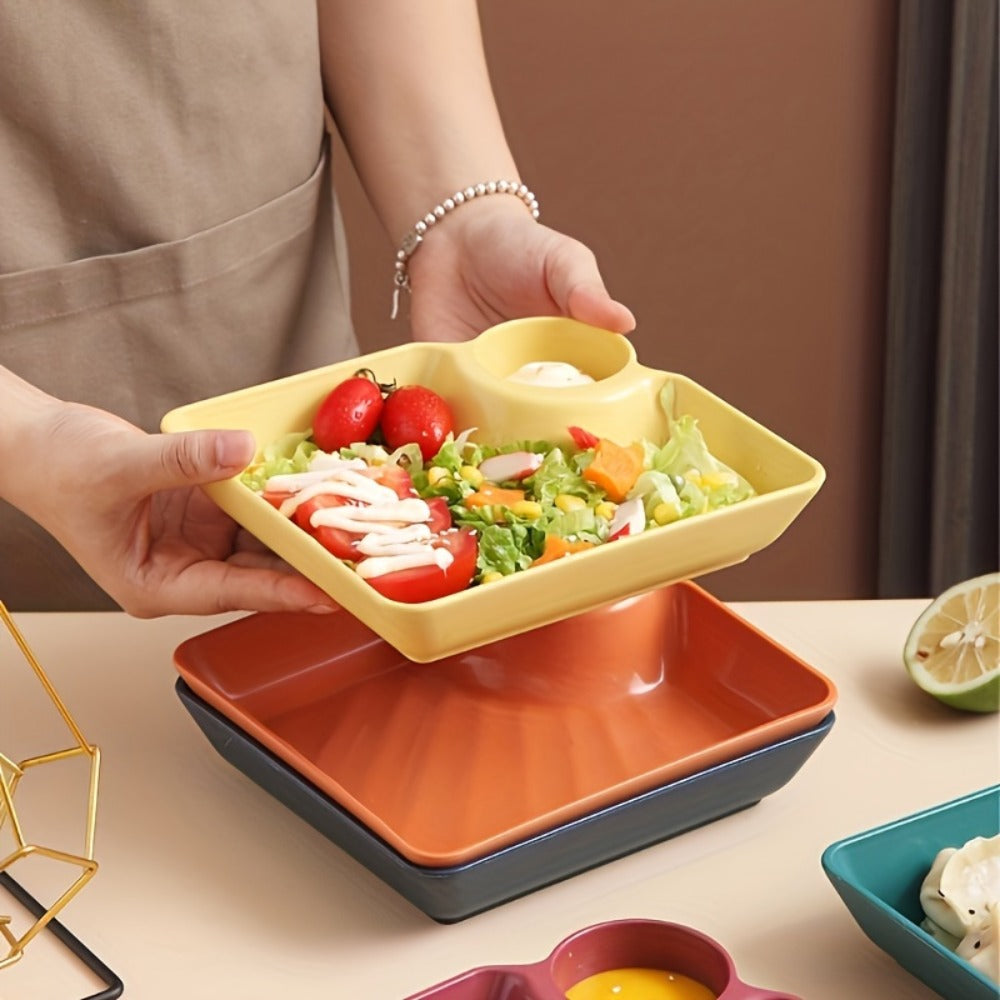 Colorful Serving Plates Set 4 Piece – BPA-Free PP Rectangular Snack, Sushi & Appetizer Plates with Dipping Sauce Compartments
