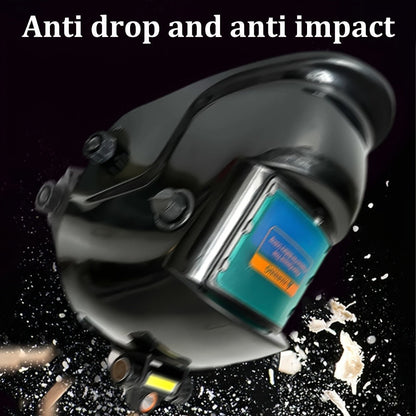 Black Auto-Darkening Welding Helmet with Wide Rectangular Lens, Top-Mounted Headlight and Adjustable Headgear
