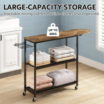 3-Tier Ironing Board Cart with Wheels, Rolling Laundry Station with Multi-Layer Storage Shelves for Living Room