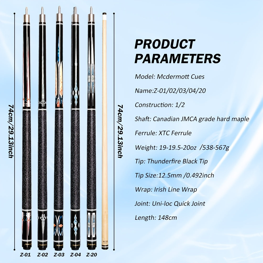 58-Inch Canadian Maple Pool Cue with 12.5mm Tip, Quick-Release Joint and Five Z-Series Graphics