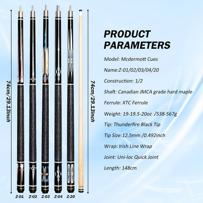 58-Inch Canadian Maple Pool Cue with 12.5mm Tip, Quick-Release Joint and Five Z-Series Graphics
