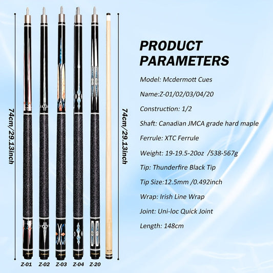 58-Inch Canadian Maple Pool Cue with 12.5mm Tip, Quick-Release Joint and Five Z-Series Graphics
