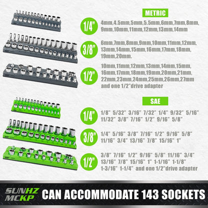 Magnetic Socket Organizer Set 6-Piece – Socket Holder Rails for 1/4", 3/8" & 1/2" Drive, Metric & SAE, Holds 143 Standard & Deep Sockets
