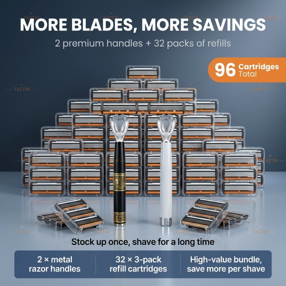 Luxury Men's Razor Set 6-Layer Blades – 2 Ergonomic Anti-Slip Handles & 72 Replaceable Blades, Precision Manual Shaving Kit