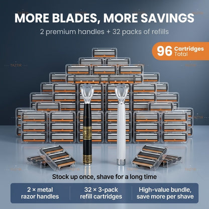 Luxury Men's Razor Set 6-Layer Blades – 2 Ergonomic Anti-Slip Handles & 72 Replaceable Blades, Precision Manual Shaving Kit