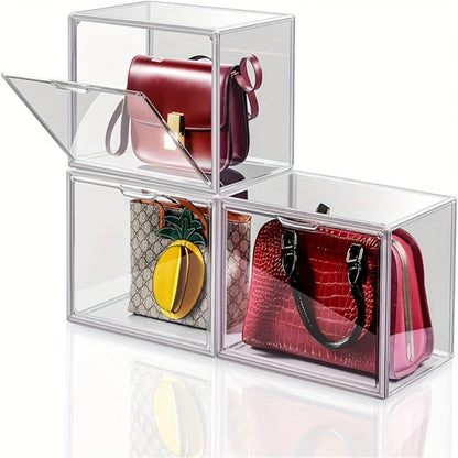 Clear Purse Organizer for Closet – Transparent Acrylic Handbag Display Case with Magnetic Door, Dustproof Stackable Storage Box for Purses