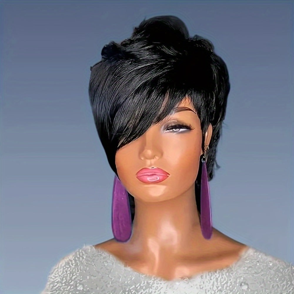 Synthetic Wig 14-Inch Curly-Wave Pixie Mullet with Bangs, 150% Density and Rose Net Cap in Three Colors