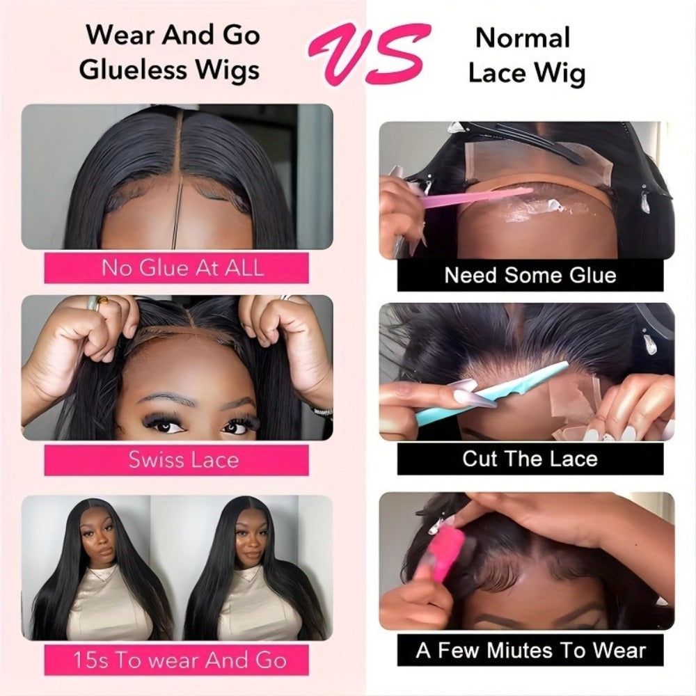 Glueless Straight Human Hair Wig 4x4 Lace Closure Pre-Plucked Natural Hairline Versatile Parting Natural Black 12-28 Inch Women No Glue