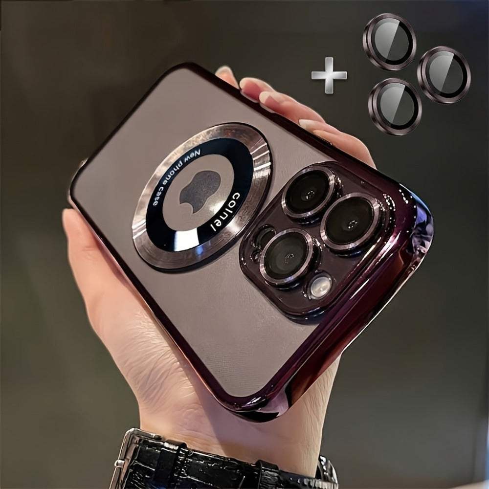 Phone Case Electroplated Clear Back with Built-In Lens Film and Magnetic Qi Charging for Select iPhones