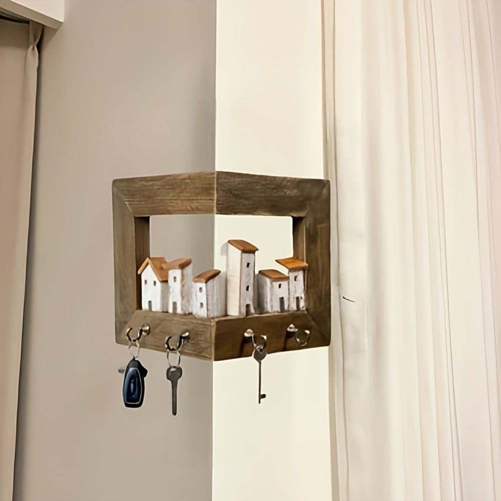Wall Mounted Key Rack with Hooks – Rustic Wooden Key Holder with 6 House Hooks, Entryway Storage Organizer for Home Bedroom Wall Decor