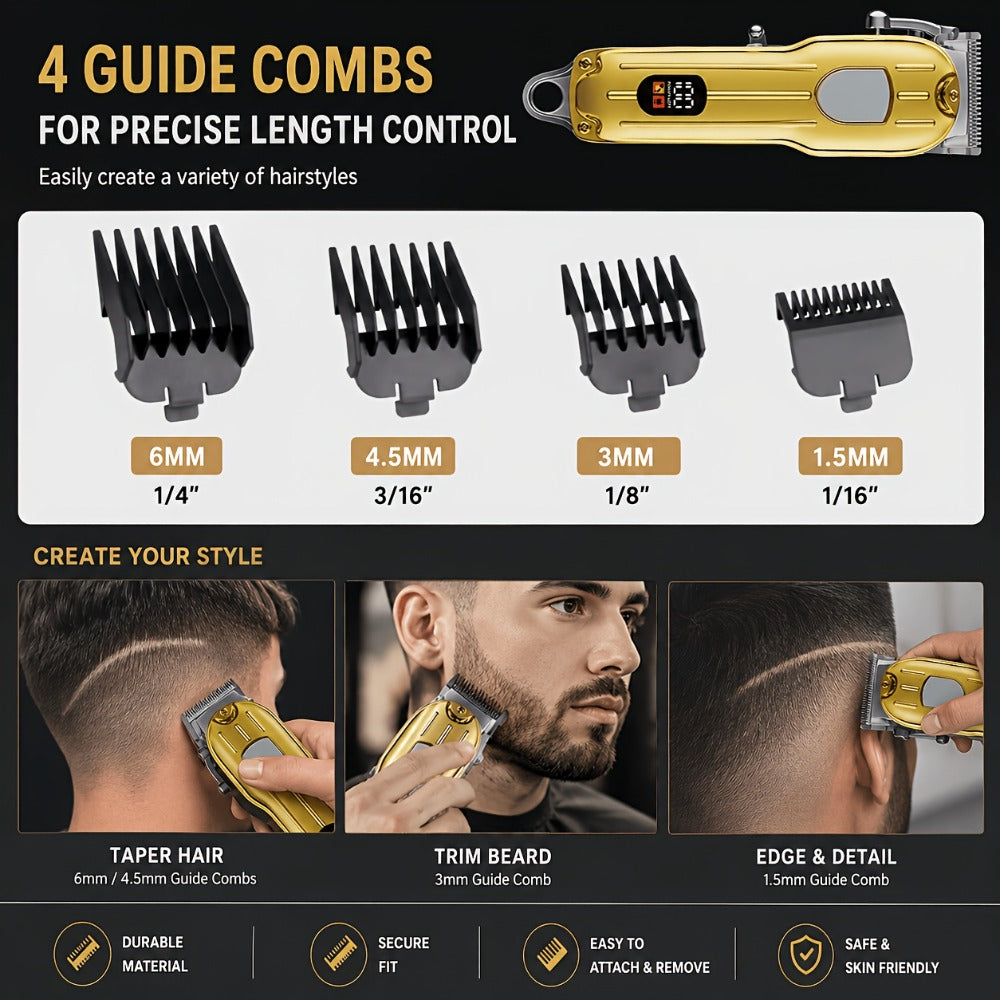 Barber Hair Clipper Kit for Men – USB Rechargeable Digital Size Adjustment, Complete Set with Scissors & 4 Limit Combs