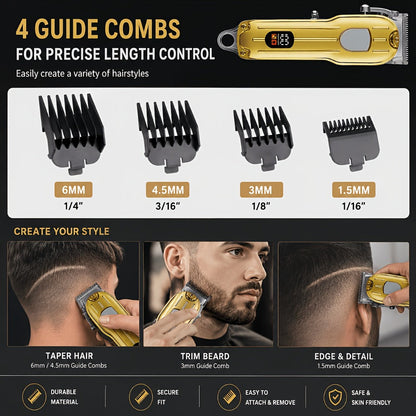 Barber Hair Clipper Kit for Men – USB Rechargeable Digital Size Adjustment, Complete Set with Scissors & 4 Limit Combs
