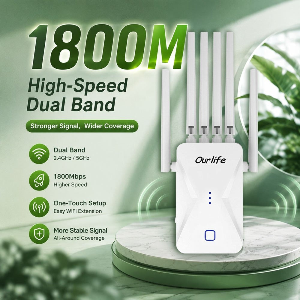 Ourlife WiFi Extender 11000 Sq Ft 6-Antenna 360° - 2.4GHz Signal Enhancer with Ethernet Port, Plug and Play