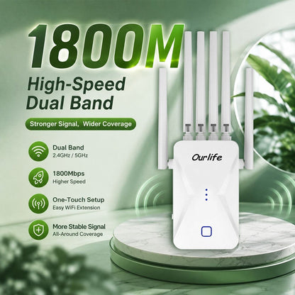 Ourlife WiFi Extender 11000 Sq Ft 6-Antenna 360° - 2.4GHz Signal Enhancer with Ethernet Port, Plug and Play