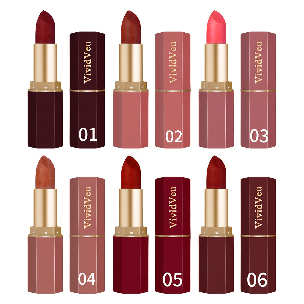 Lipstick Set, VividVeu 6-Piece Cream Bullet Collection with Numbered Rose, Red, Berry and Plum Shades