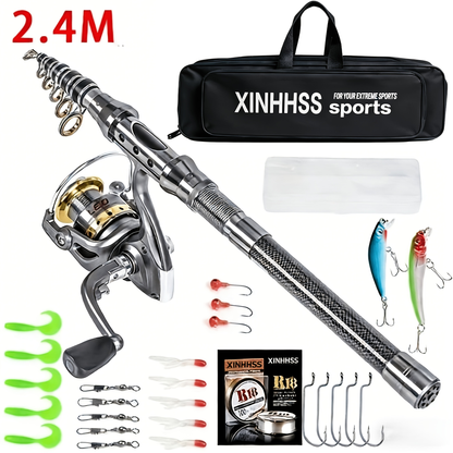 Telescopic Fishing Rod & Reel Combo – Carbon Fiber Collapsible Fishing Pole Full Kit with Carrier Bag for Travel Saltwater Freshwater