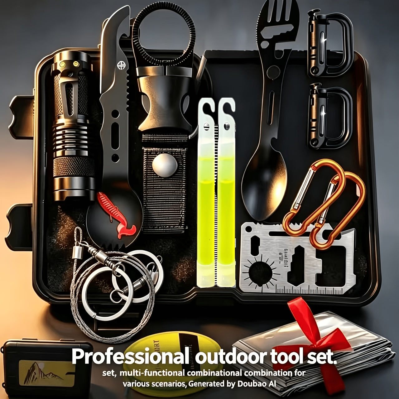 Outdoor Camping Emergency Survival Kit Black Box | Portable Camping Gear Essentials Set | Wilderness Survival Tools Gift for Men Who Love