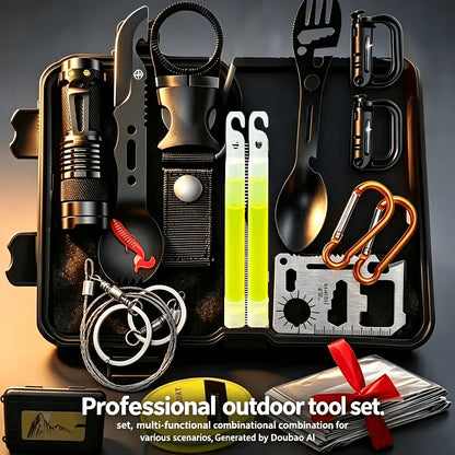 Outdoor Camping Emergency Survival Kit Black Box | Portable Camping Gear Essentials Set | Wilderness Survival Tools Gift for Men Who Love