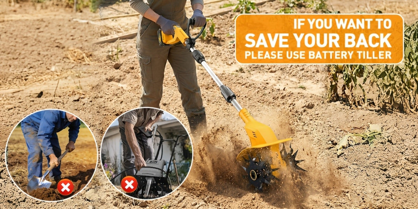 Electric Tiller Cultivator Cordless 20V Battery Powered - 8.6 Inch Tilling Width, Adjustable Handle