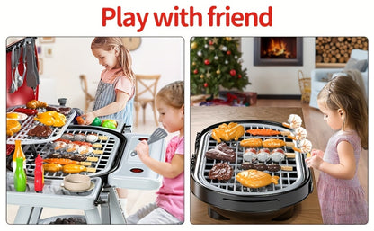 Kids BBQ Grill Playset Two-Tier with Toy Food Meats Fruits Spices & Working Water Tap for Grilling, Camping and Outdoor Meals