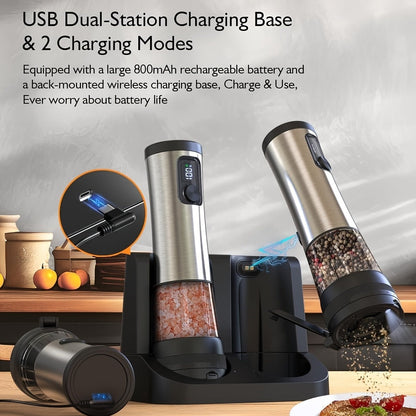 Electric Salt and Pepper Grinder Set Rechargeable USB Large with Base Adjustable Coarseness LED Display Kitchen Gift Silver Black