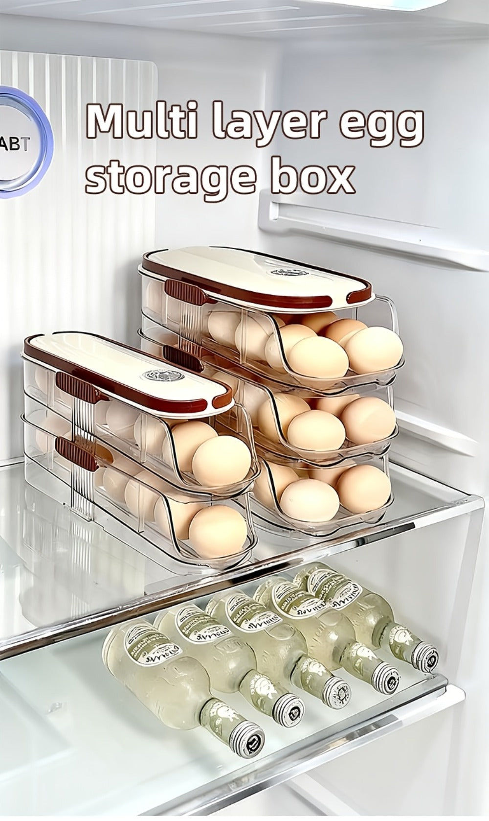 Egg Rack Kitchen Organizer Double-Row Auto-Rolling Dispenser with One, Two or Three Layer Options