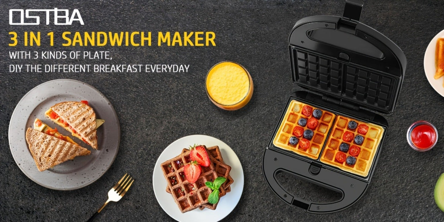 OSTBA 3-in-1 Sandwich Maker Panini Press Waffle Iron 750W Removable Non-Stick Plates for Grilling, Camping and Outdoor Meals